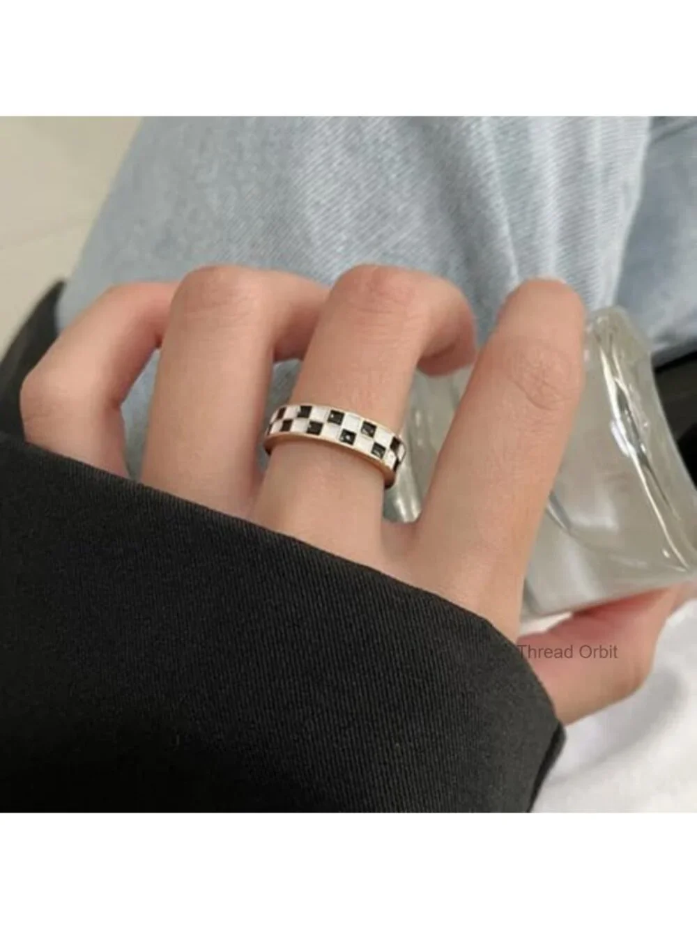 Checkerboard Band Ring 6mm Chunky Minimalist Stainless Steel Gold Plated